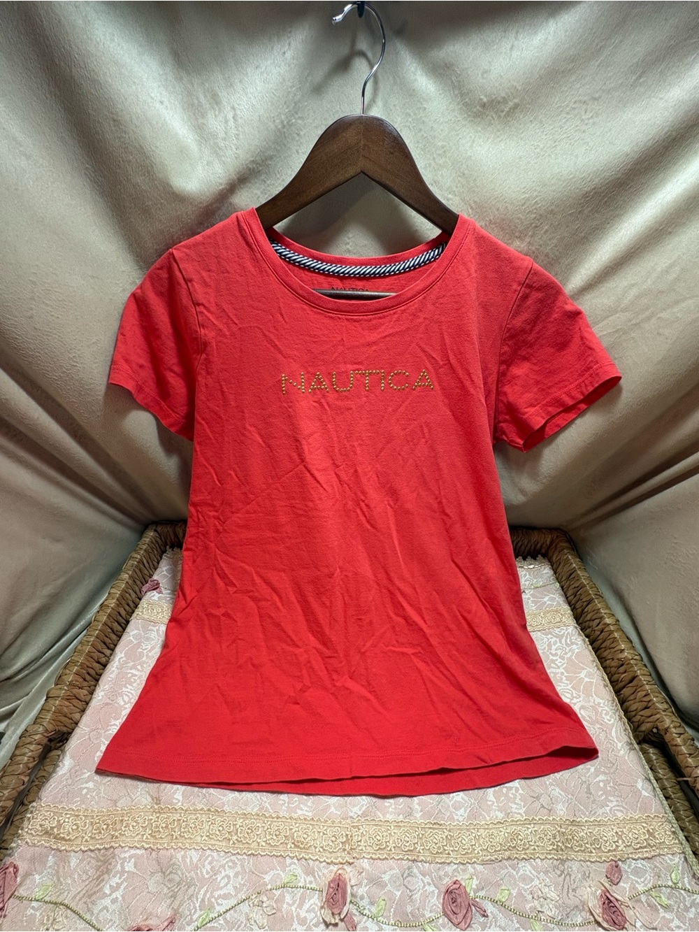 Nautica Women’s Coral Red Studded Logo Short Sleeve Cotton T-Shirt Size Medium
